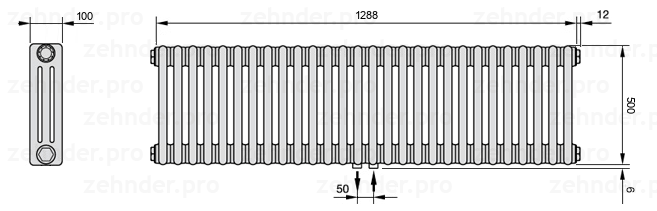 Схема (чертеж) Радиатор Zehnder Charleston 3050/28 №5410 Белый глянцевый RAL 9016